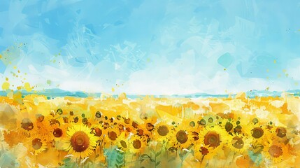 Fototapeta premium sunflower field under a clear blue sky watercolor illustration