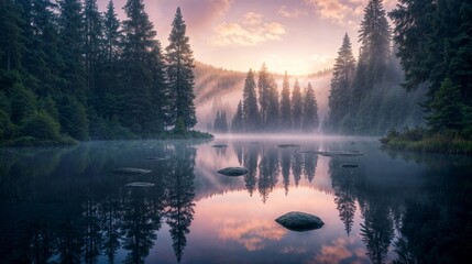 Quiet lake with stones on a very gentle summer morning in a wild forest with fog