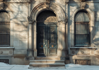 An elegant, dark green double door with intricate carvings, framed by classical architecture and flanked by arched windows.
