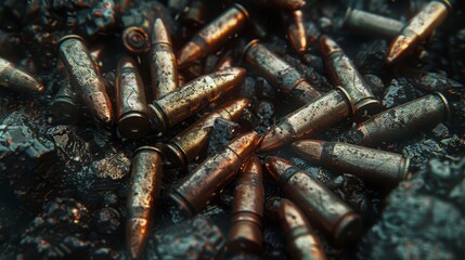 A scattered pile of hollow point bullets, focusing on individual details and textures, raw metal surfaces and gritty background