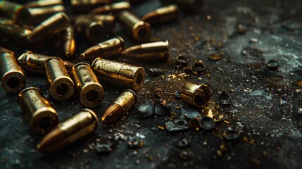 A scattered pile of hollow point bullets, focusing on individual details and textures, raw metal surfaces and gritty background