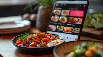 A close-up shot of a mobile screen displaying an online cookbook app, with vibrant recipe images, detailed instructions, and user ratings
