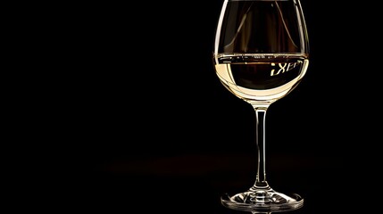 A glass of white wine with light reflections, bottle in the background slightly out of focus, isolated background, studio lighting