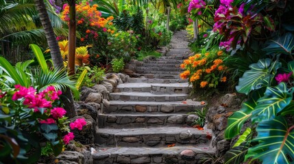 A narrow path made of stone steps meandering through a lush tropical jungle, with hanging vines, colorful flowers, and a thick canopy above