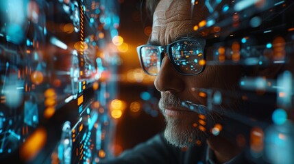 Tech-Savvy Analyst Examining Data. Tech-savvy analyst examines data on multiple digital displays, emphasizing analytical skills and data-driven business decisions.