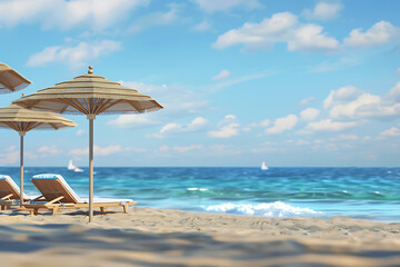 Obraz premium People relaxing and tanning at the beach, enjoying the sun, playing volleyball, and swimming