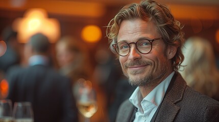 Fototapeta premium Smiling Businessman at Corporate Event. Smiling businessman at a corporate event, highlighting positive networking, professional engagement, and business connections.