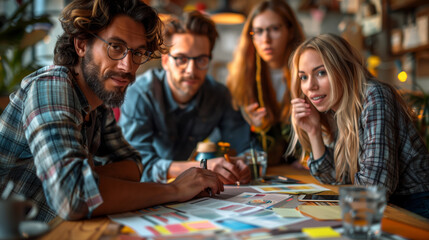 Team Brainstorming Session in Modern Office. Team engaged in a brainstorming session in a modern office, emphasizing creativity, collaboration, and innovative business strategies.