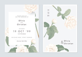 Wedding invitation template, white Jasminum sambac flowers on grey background