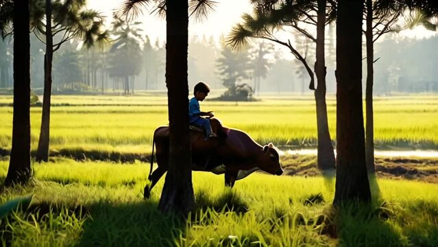 A child who reads a book with a cow with a smooth looping video.