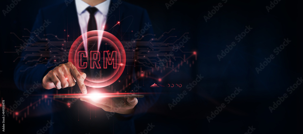 Poster crm, business efficiency, businessman use tablet and digital networking interface on crm icon on sal