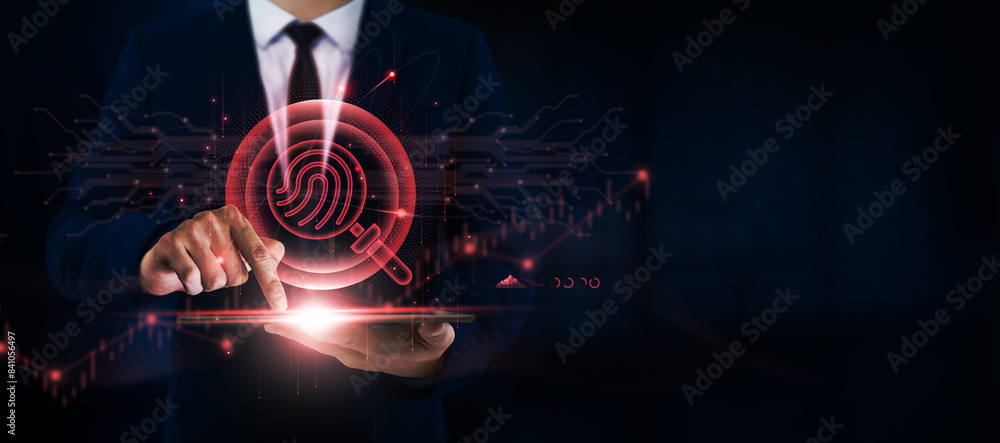 Poster digital forensics, investigation, businessman uses tablet and digital networking interface on forens