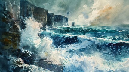 Obraz premium Majestic cliffs overlooking a turbulent ocean watercolor painting