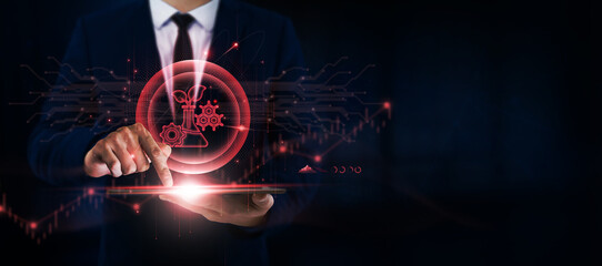 Biotechnology, Innovation, Businessman Uses Tablet and Digital Networking Interface on...
