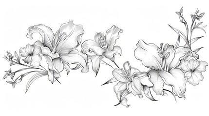 Black and white sketch of an elegant flower featuring lilies and irises, wallpaper, card