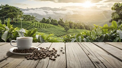Hot coffee cup with organic coffee beans on the wooden table and the plantations background 
