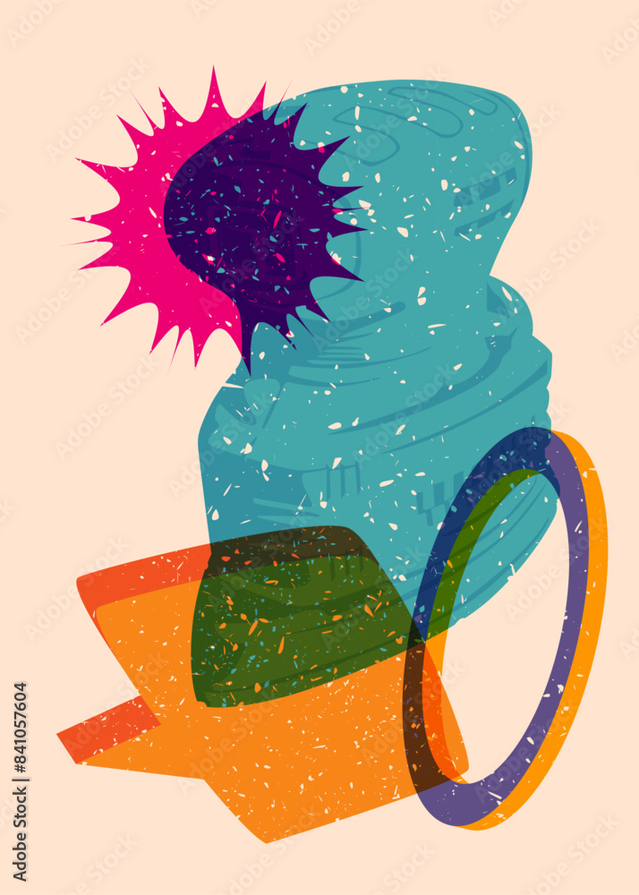 Poster risograph electric sander with speech bubble with geometric shapes. objects in trendy riso graph pri