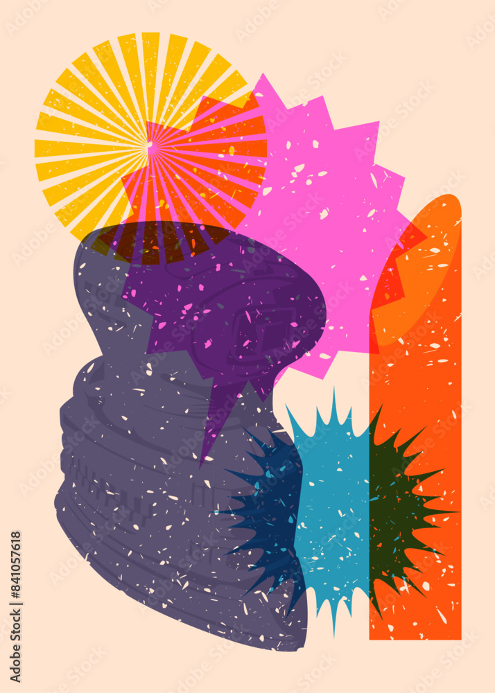 Poster risograph electric sander with speech bubble with geometric shapes. objects in trendy riso graph pri