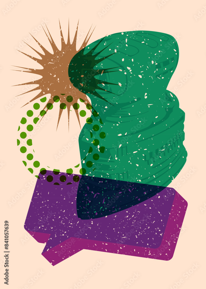 Poster risograph electric sander with speech bubble with geometric shapes. objects in trendy riso graph pri
