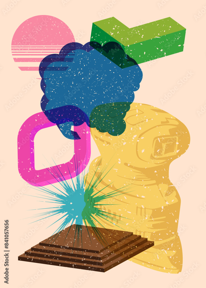 Poster risograph electric sander with speech bubble with geometric shapes. objects in trendy riso graph pri