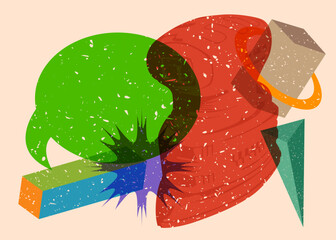 Risograph Electric Sander with speech bubble with geometric shapes. Objects in trendy riso graph print texture style design with geometry elements.