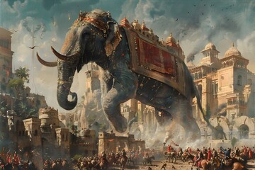 Colossal Elephant Antagonist Wreaking Havoc in a Fantastical Art Deco City During an Epic Battle