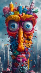 Surreal Vibrant Cartoon Character with Exaggerated Typographic Pencil Artwork