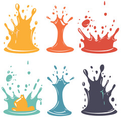 Set colorful paint splashes isolated white, splatter collection. Dynamic droplet splashes, creative artistic liquid splashes. Graphic design elements, bright splash shapes, art concept splatter