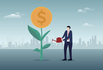 Investing in stocks, growing income, making a profit from a fund, buying securities, earning interest from a bank deposit, growing wealth, investor businessman watering a money tree for prosperity.