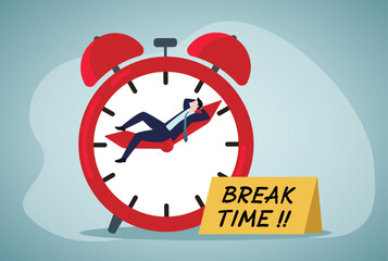 Time to take a break, coffee break time to relax and refresh from long stress interval, free from bored, sleepy and fatigue concept, Man in Suit is Resting on Hands Large Clock Face.