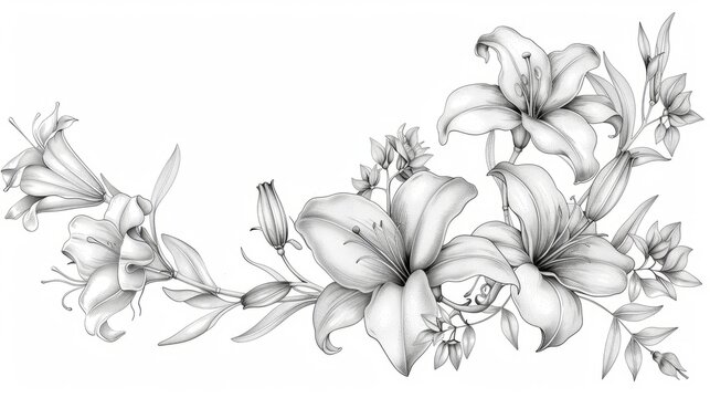 A detailed pencil drawing of a delicate floral arrangement featuring lilies and jasmine flowers, copy space, wallpaper, card