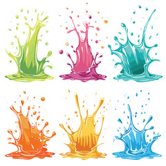 Colorful liquid splash vector illustrations isolated white. Six splashes, vibrant paint colors green, pink, blue, orange, yellow, light blue. Ideal designs depicting motion, energy, creativity