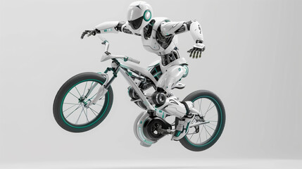 Fototapeta premium Flying Robot AI Cyclist 3D Render on White Background