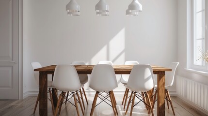 Minimalist dining area with a wooden table, white chairs, and simple lighting, elegant and understated design
