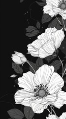 Fototapeta premium A detailed black and white line art illustration of a floral with delicate flowers, wallpaper, card