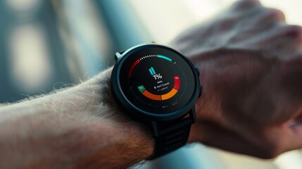 A persons wrist wearing a black smartwatch displaying activity data, with a focus on the watch face.