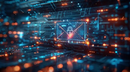 Futuristic digital cybersecurity concept with encrypted email and technological network background showcasing data protection.