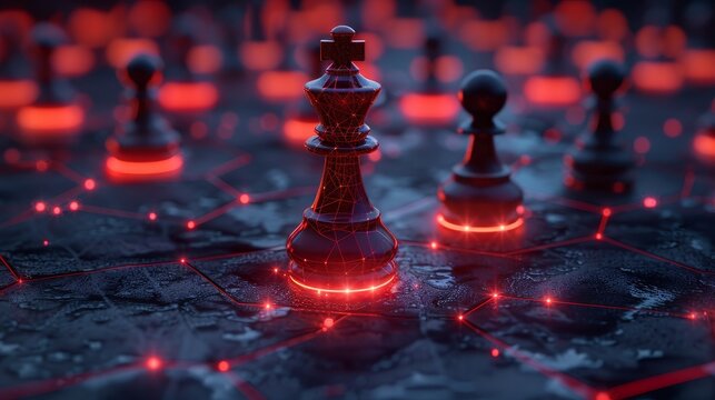 Dramatic chessboard scene with glowing red highlights, featuring a focus on the king piece surrounded by other pieces in a strategic setup.