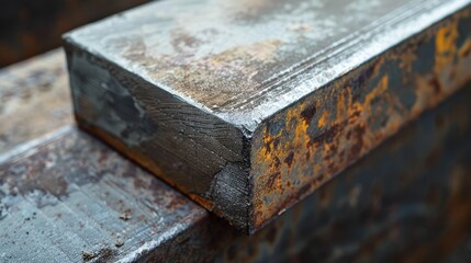 Obraz premium Close-up of the edge of a steel T-bar, focusing on the rough cut marks and subtle rust patches, emphasizing industrial aesthetics