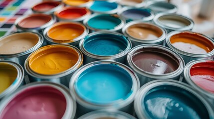 Close-up of tiny paint cans during house painting, shade color paper samples and color charts neatly organized in the background
