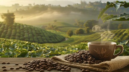 a cup of coffee on a wooden table in the morning with a plantation in the background