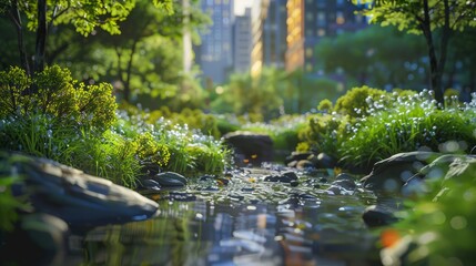 Fototapeta premium A gentle stream meandering through a lush forest, the sunlight filtering through the trees