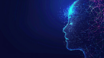 Obraz premium Blue background with a digital human head silhouette, AI concept of artificial intelligence technology.