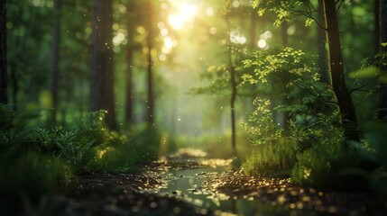 Obraz premium A gentle stream meandering through a lush forest, the sunlight filtering through the trees