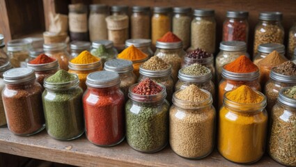 Spices in Glass Jars on Wooden Shelf