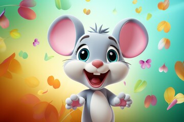 Cute cartoon mouse with a happy expression on colorful background, perfect for childrens book illustrations.