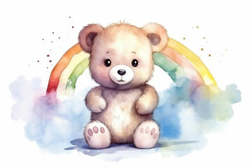 Adorable handdrawn teddy bear and rainbow illustration with beautiful details on a white background.