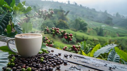 Hot coffee cup with organic coffee beans on the wooden table and the plantations background 