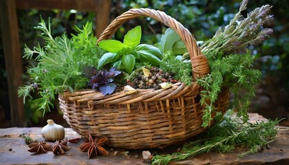 A rustic woven basket overflowing with fresh picked herbs and spices, cascading in a natural and abundant arrangement.