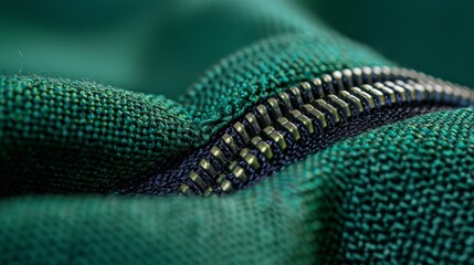 Detailed image of a black metallic zipper on a green cotton skirt, isolated background, precise studio lighting